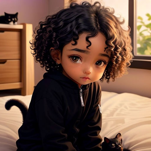 a painting of a little girl sitting on a bed with a cat nearby on the bed and a window