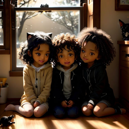 three children sitting on the floor in front of a window with a cat nearby and a cat on the floor