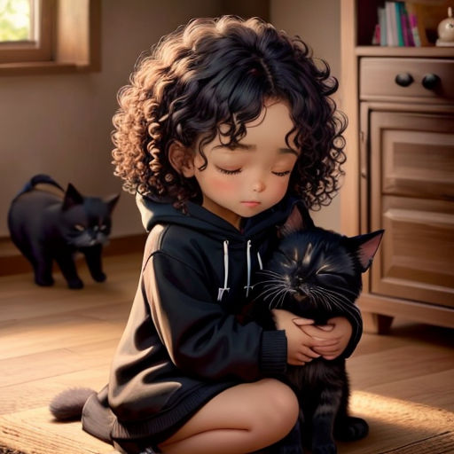 a little girl is holding a black cat in her arms and a black cat is on the floor behind her
