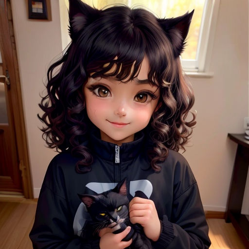a girl with a cat on her jacket holding a cat in her hands and smiling at the camera with a cat on her jacket