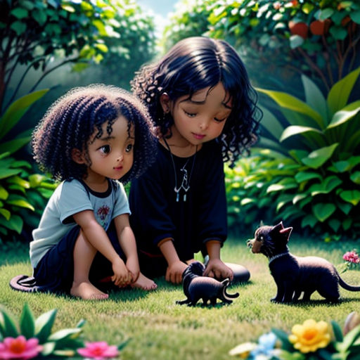 two little girls playing with small black cats in a garden of flowers and plants, with a cat toy