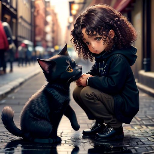 a little girl kneeling down next to a black cat on a sidewalk in the city with a black cat