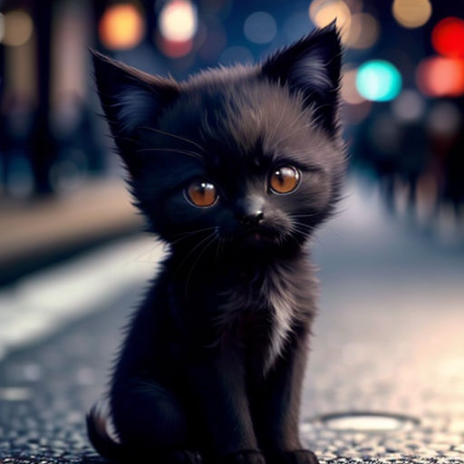 a black kitten sitting on the side of a road at night with a blurry background of a city street