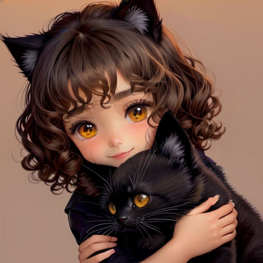 a girl holding a black cat with yellow eyes and a curly haircut on her head, with a brown background