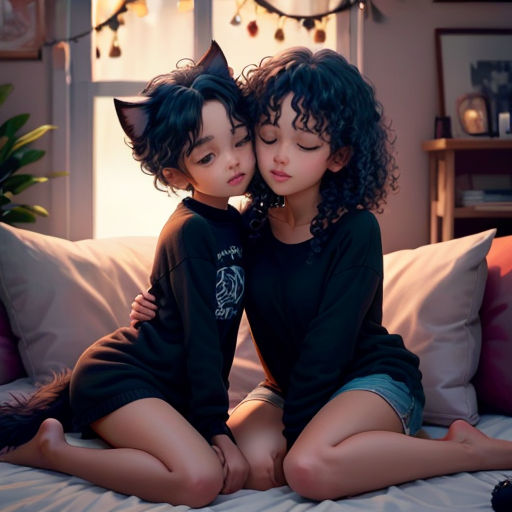 two young girls sitting on a bed with their arms around each other, one of them is hugging the other
