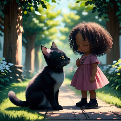 a little girl standing next to a black cat on a sidewalk in a park with trees and flowers behind her