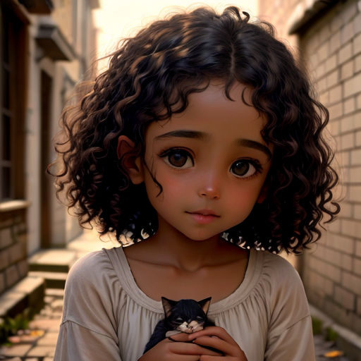 a little girl holding a cat in her hands in a street scene with brick buildings and a brick wall