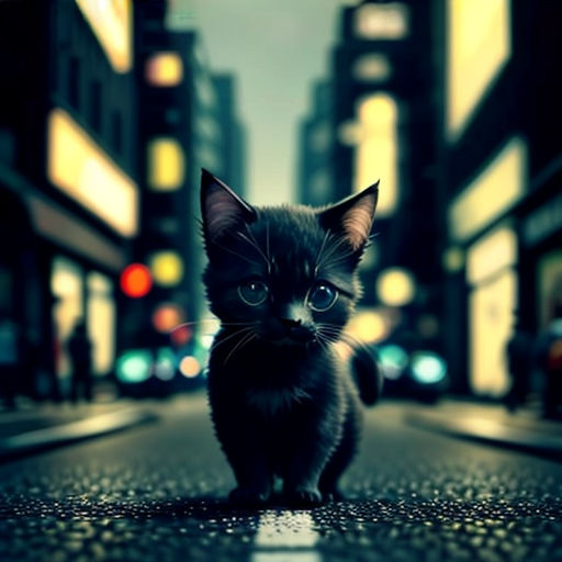 a small black kitten sitting on the side of a road in a city at night time with buildings in the background