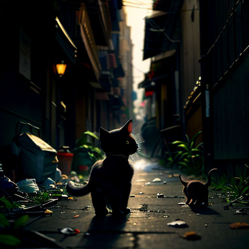 a cat is standing on a street next to a cat and a cat toy on the ground in the dark