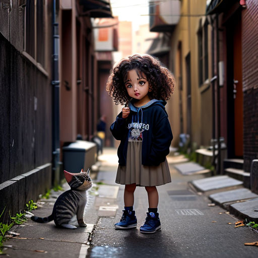 a little girl standing next to a cat on a sidewalk in a alley way with a cat looking at her