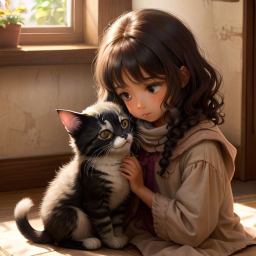 a little girl holding a cat in her lap while sitting on the floor next to a window sill