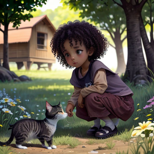 a little girl kneeling down next to a cat in a field of flowers and trees with a house in the background