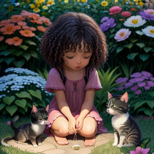 a little girl sitting on a rock with two cats in front of her and a flower garden behind her