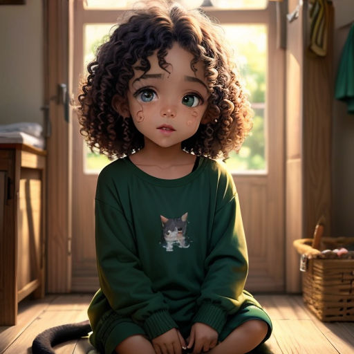 a little girl sitting on the floor with a cat on her shirt on and a cat on her shirt