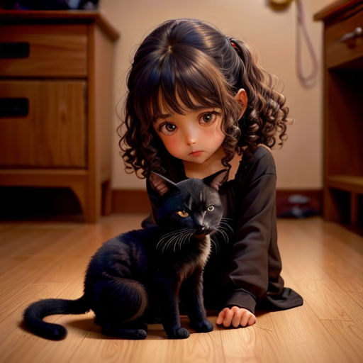 a little girl is sitting on the floor with a black cat in her lap and a black cat in her lap