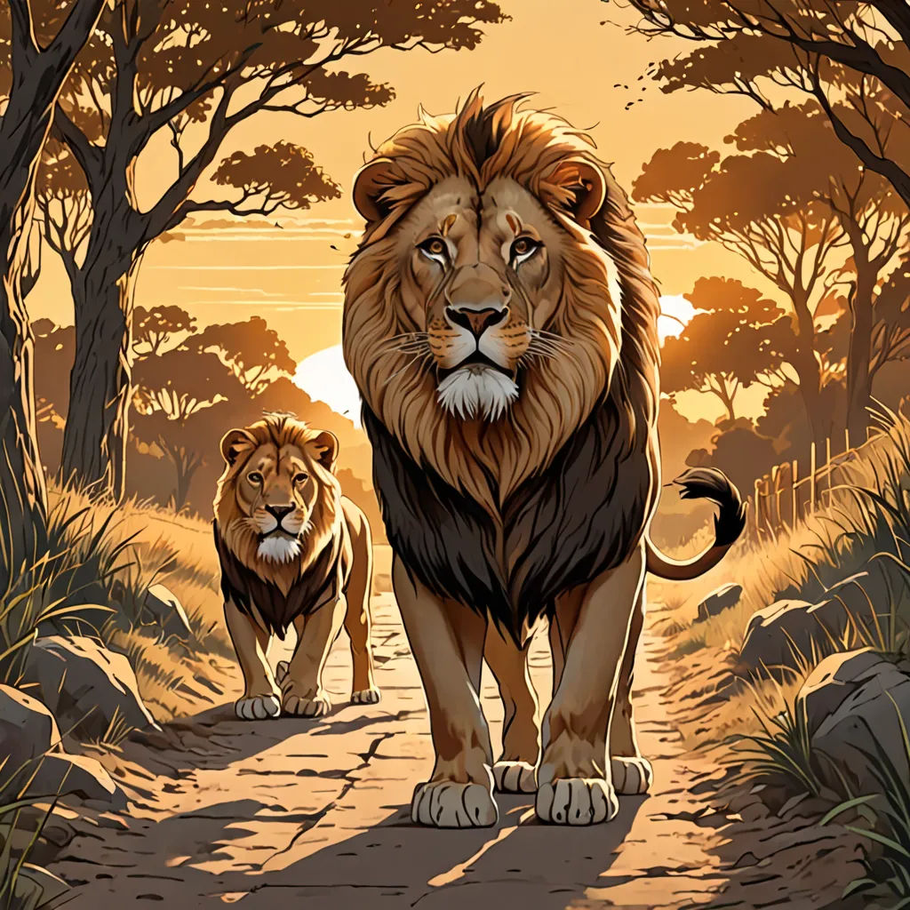 a lion and a lioness walking down a path in the woods at sunset or dawn with trees and bushes, fantasy art, a storybook illustration, Dan Mumford, trending on art station