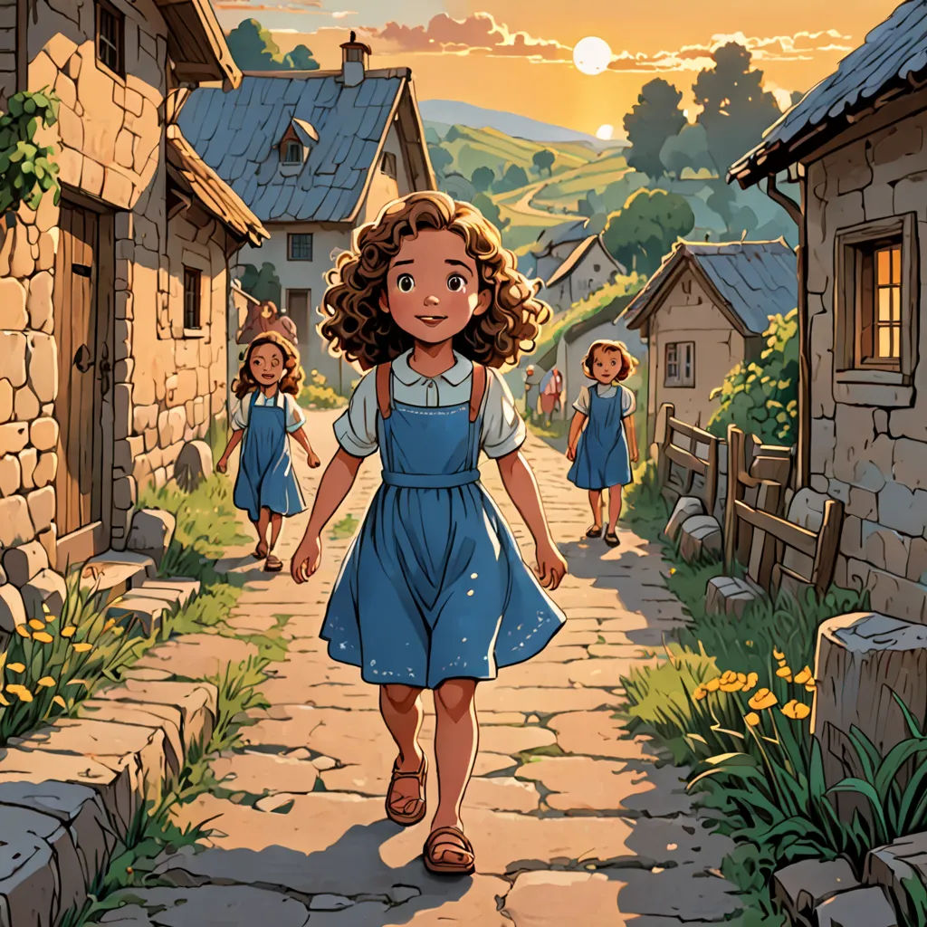 a cartoon of a girl walking down a cobblestone road with two other girls in the background and a sunset in the background, magical realism, a storybook illustration, Brothers Hildebrandt, official art