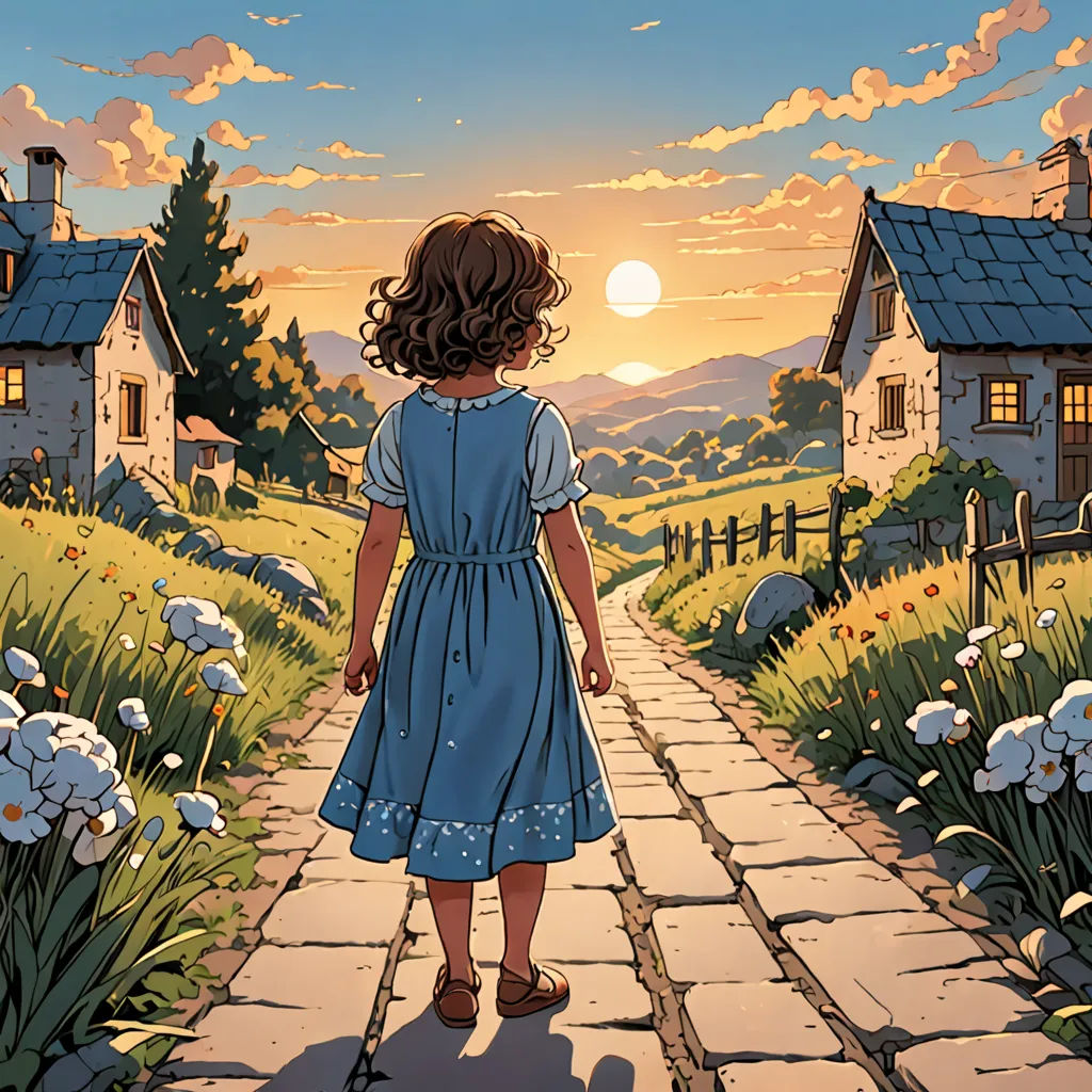 a little girl walking down a path towards a house with a sunset in the background and flowers in the foreground, magical realism, a storybook illustration, Colin Middleton, storybook illustration