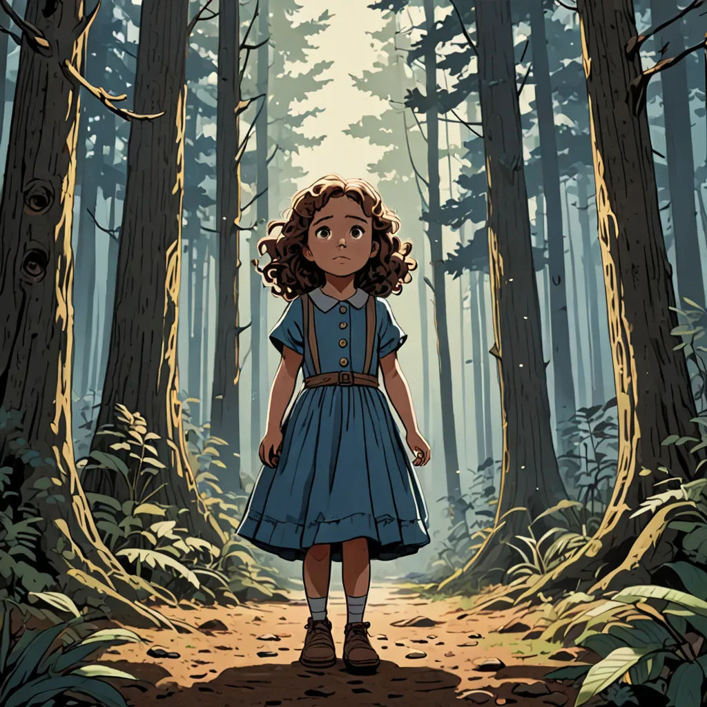 a little girl in a blue dress standing in a forest with tall trees and ferns on the ground, looking at the ground, process art, a storybook illustration, Clarice Beckett, ghibli