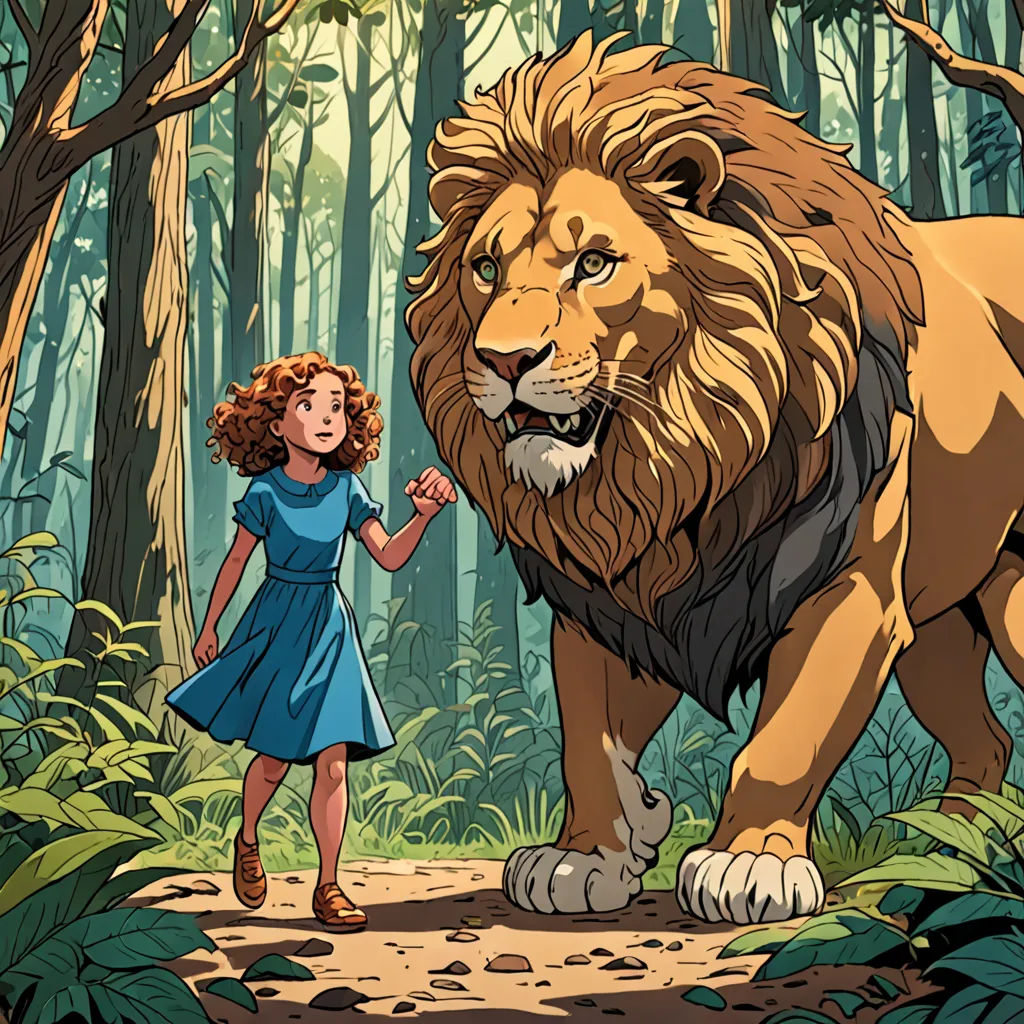a girl is walking with a lion in the woods behind her in a cartoon style illustration by artist mark brile, process art, a storybook illustration, Diego Gisbert Llorens, storybook illustration