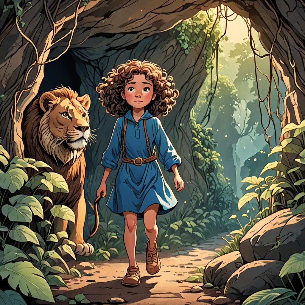 a girl in a blue dress walking through a jungle with a lion behind her and a cave entrance behind her, fantasy art, a storybook illustration, Cliff Childs, storybook illustration