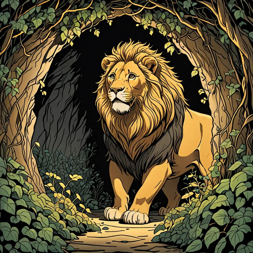 a lion is walking through a tunnel of trees and leaves in a forest with a path leading to it, fantasy art, a storybook illustration, Chris LaBrooy, trending on art station