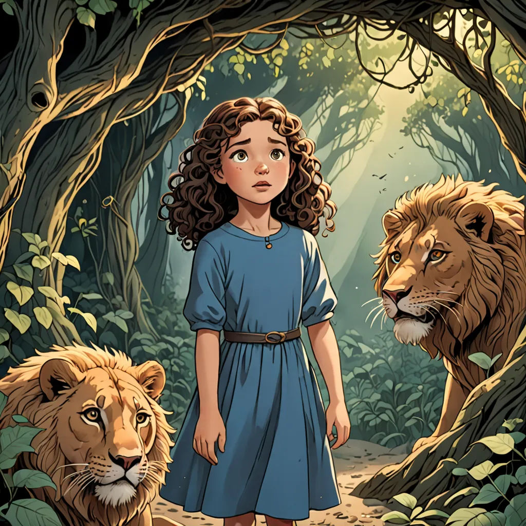 a girl in a blue dress standing in a forest with lions behind her and a tree with leaves on it, fantasy art, a storybook illustration, Diego Gisbert Llorens, comic cover art