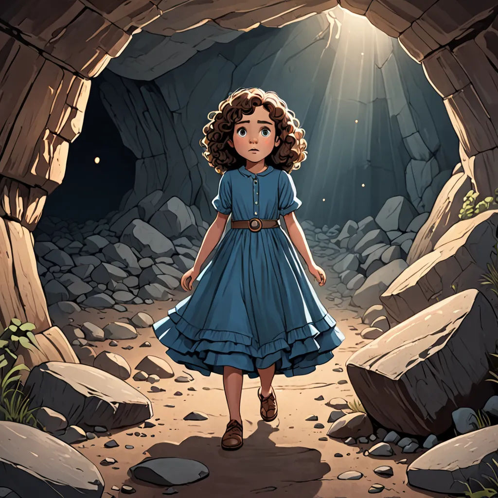a little girl in a blue dress is walking through a cave with rocks and a light shining on her, fantasy art, a storybook illustration, Clarice Beckett, rossdraws global illumination