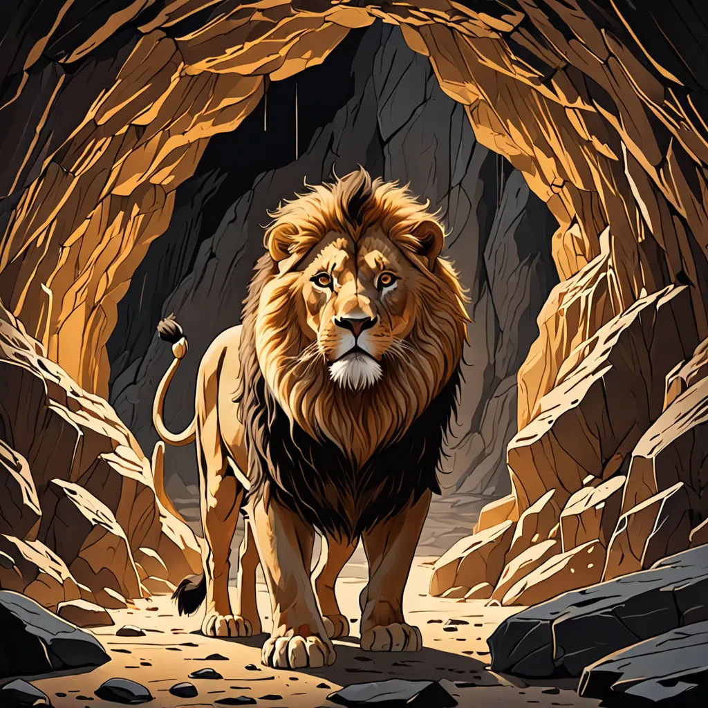 a lion is walking through a cave with rocks and boulders on either side of it and a rock face, fantasy art, a cave painting, Dan Mumford, rossdraws global illumination