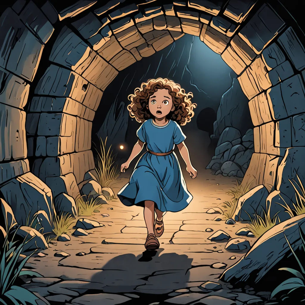 a girl in a blue dress is walking through a tunnel with a light on her head and a flashlight in her hand, fantasy art, a storybook illustration, Cliff Childs, comic cover art