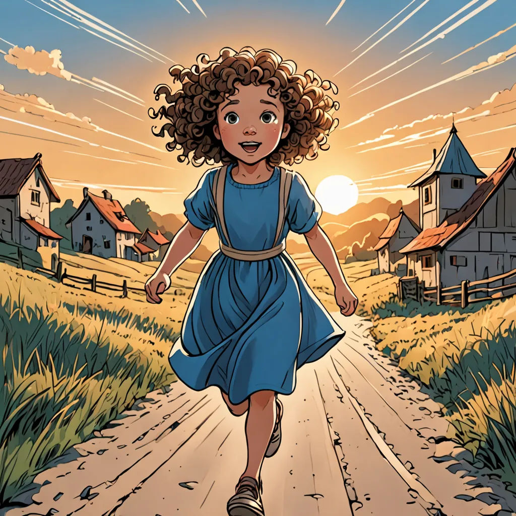 a little girl is running down a path in a rural area with houses and a sunset in the background, process art, a comic book panel, Anne Said, comic cover art