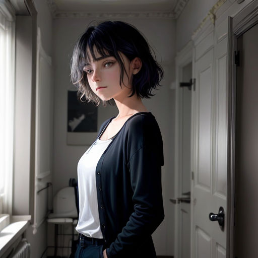 a woman standing in a hallway next to a window with a black jacket on and a white shirt on