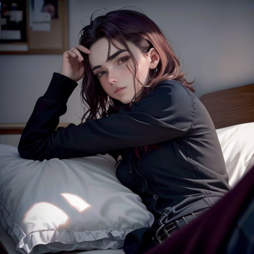 a woman sitting on a bed with her hand on her head and her hand on her head, with a black shirt and white pillow