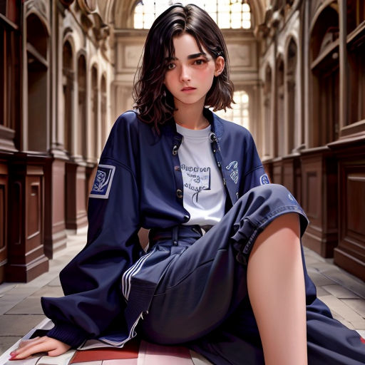 a woman sitting on the floor in a building wearing a blue jacket and pants with a white shirt on