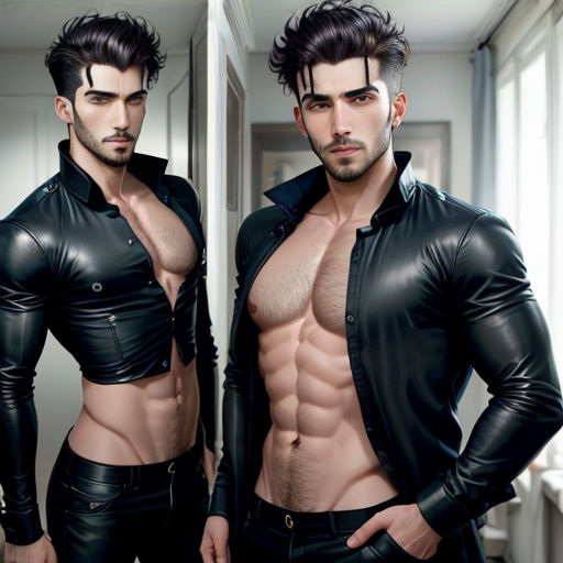a man in a leather jacket and pants posing for a picture in a mirror with his shirt open and his shirt down