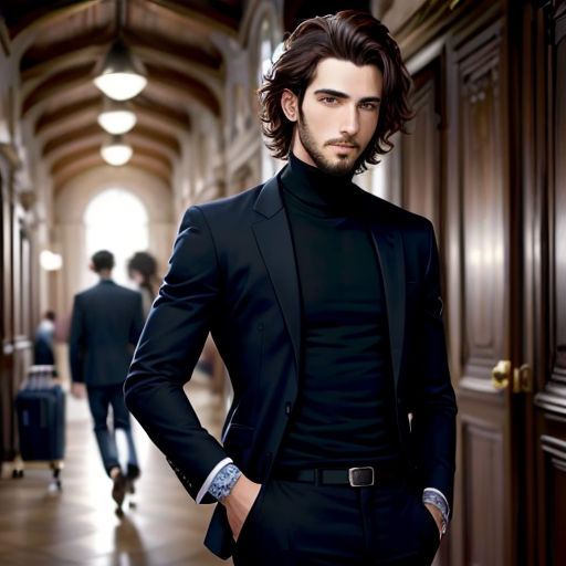 a man in a suit standing in a hallway with his hands on his hips and his hands on his hips