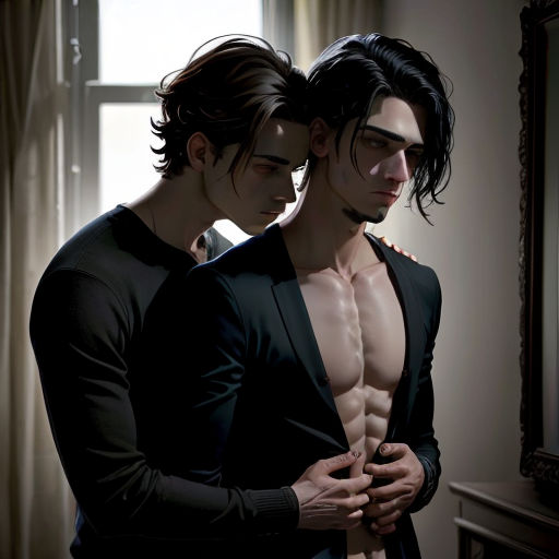 a man and a woman are standing in front of a mirror and looking at each other with their backs turned