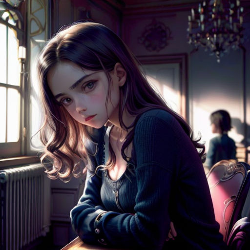 a woman sitting at a table in a room with a chandelier and a window in the background