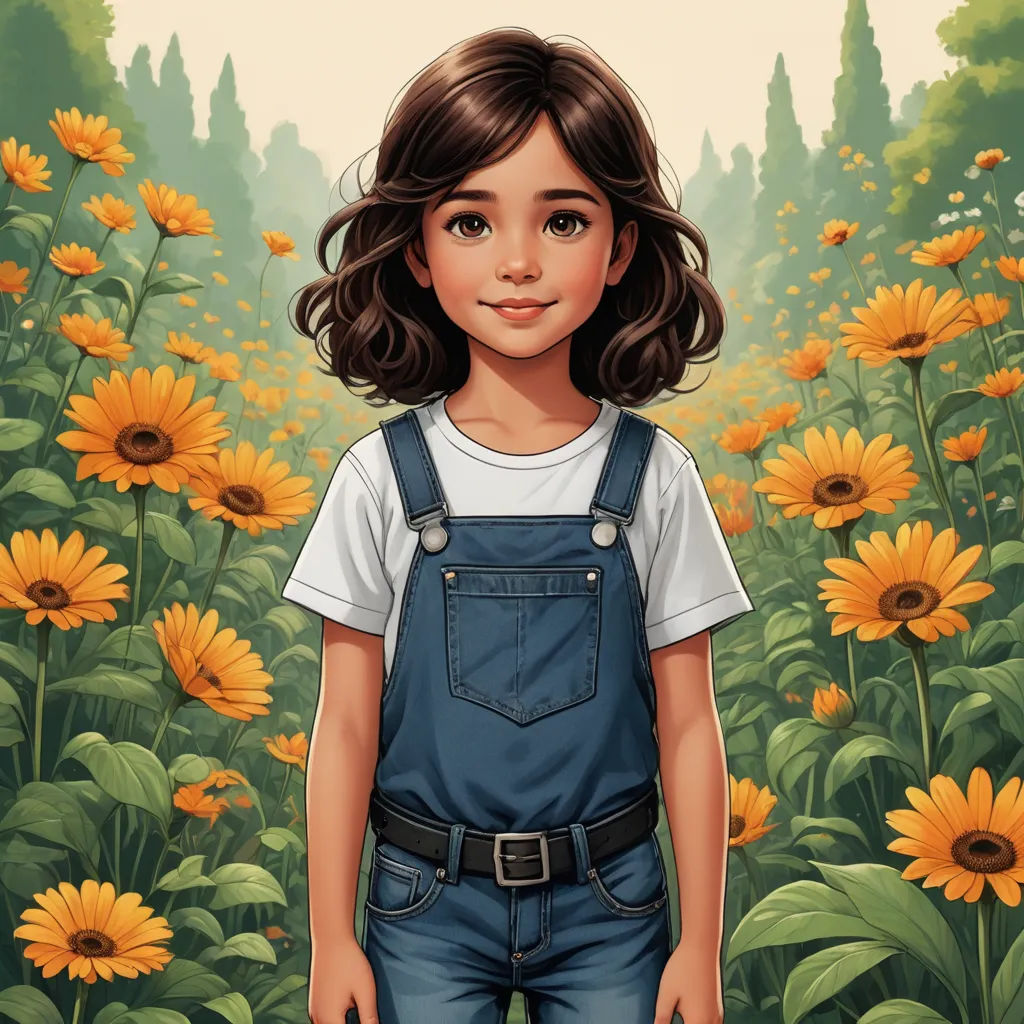 a girl standing in a field of sunflowers with a forest in the background and a sunflower field in the foreground, photorealism, a storybook illustration, Cliff Childs, comic cover art
