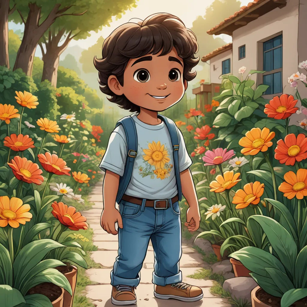 a boy standing in a garden with flowers and a house in the background with a sunflower on his shirt, lyco art, a storybook illustration, Diego Gisbert Llorens, key art