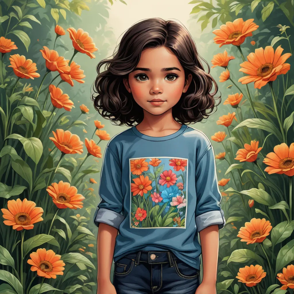 a painting of a girl standing in a field of flowers with orange flowers in the background and a green field behind her, photorealism, a storybook illustration, Aaron Jasinski, highly detailed digital painting