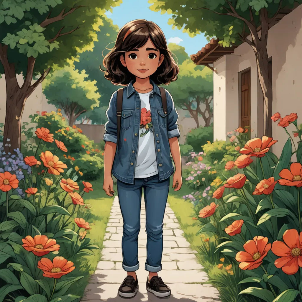 a girl standing in a garden with flowers and trees in the background, with a house in the background, paris school, a character portrait, Chen Hong, official art