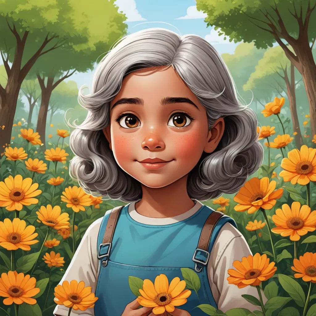 a girl with grey hair and a blue shirt is standing in a field of yellow flowers and holding a green leaf, fantasy art, a character portrait, Anne Said, trending on art station