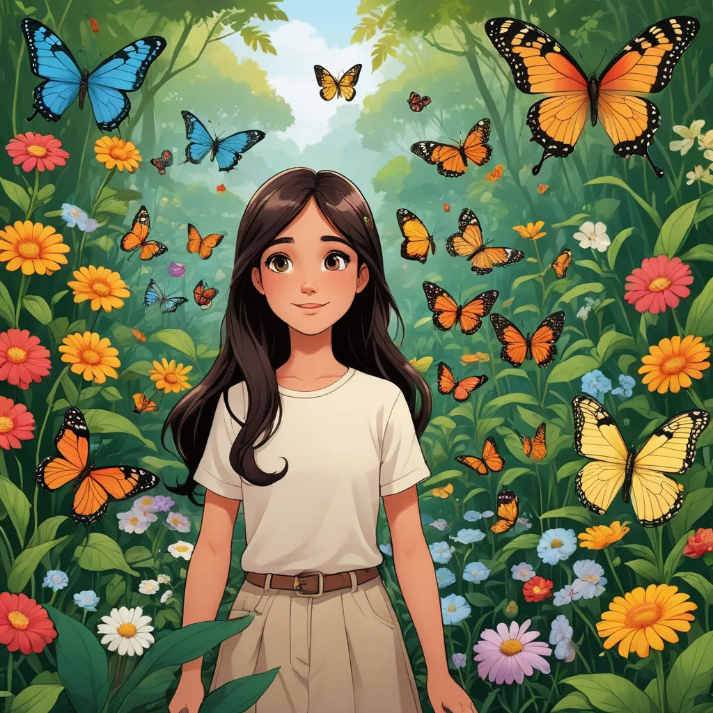 a girl standing in a field of flowers and butterflies with a butterfly background in the foreground and a butterfly flying overhead, magical realism, a storybook illustration, Elinor Proby Adams, comic cover art