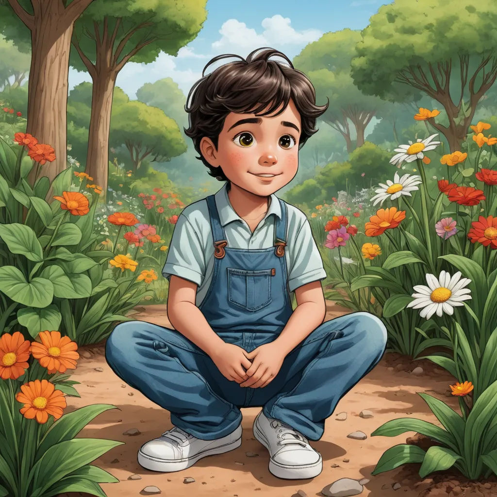 a boy sitting in the middle of a garden with flowers and trees in the background illustration by alex krapf, photorealism, a storybook illustration, Diego Gisbert Llorens, storybook illustration
