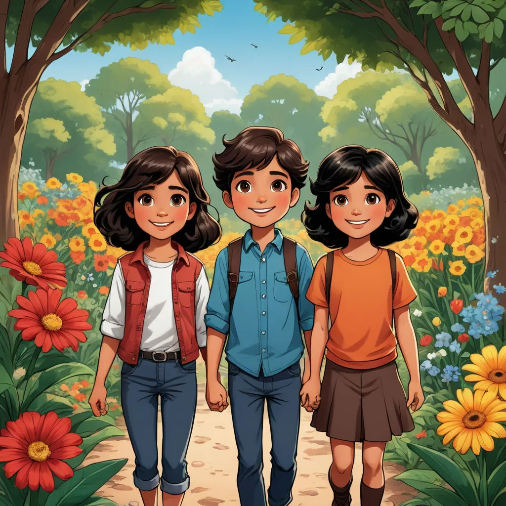 a couple of people standing in a forest with flowers on the ground and trees in the background with a sky, process art, a storybook illustration, Diego Gisbert Llorens, comic cover art