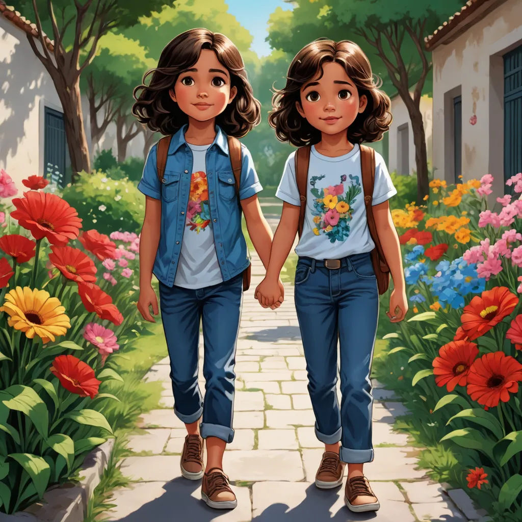 two girls walking down a path with flowers in the background and a building in the background with a door, lyco art, a storybook illustration, Brothers Hildebrandt, official art