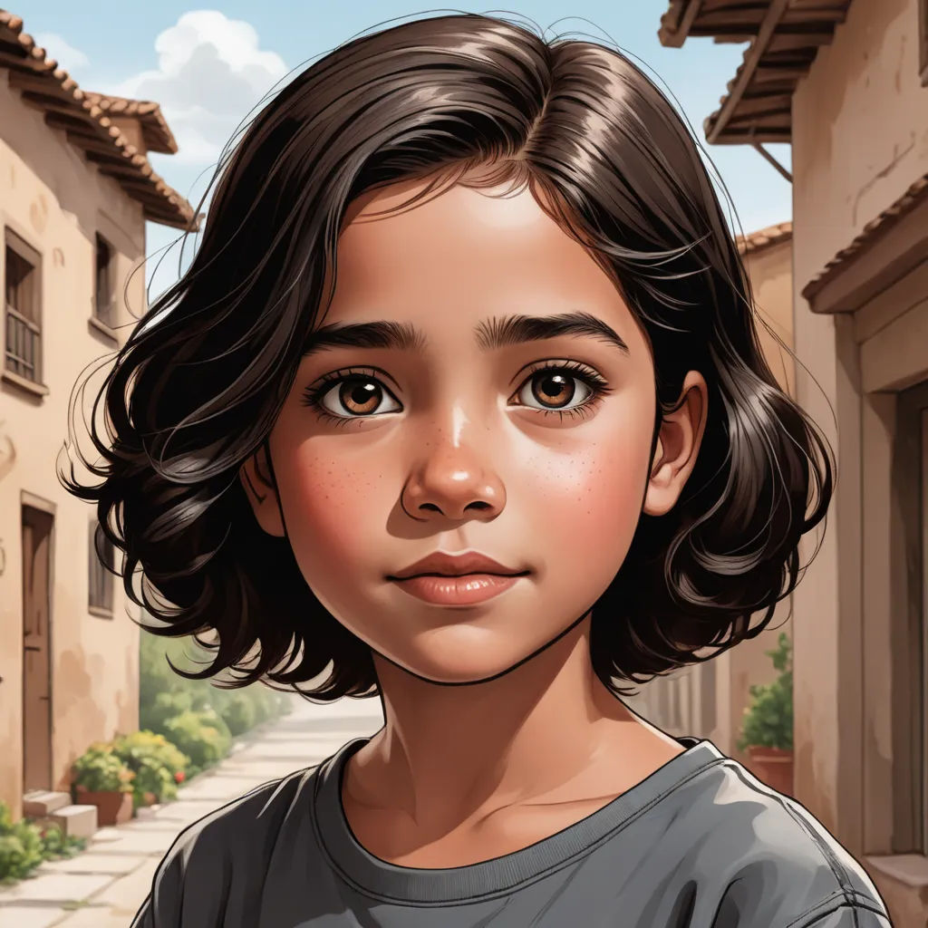 a digital painting of a young girl in a street with houses in the background and a blue sky in the background, photorealism, a character portrait, Aaron Jasinski, highly detailed digital painting