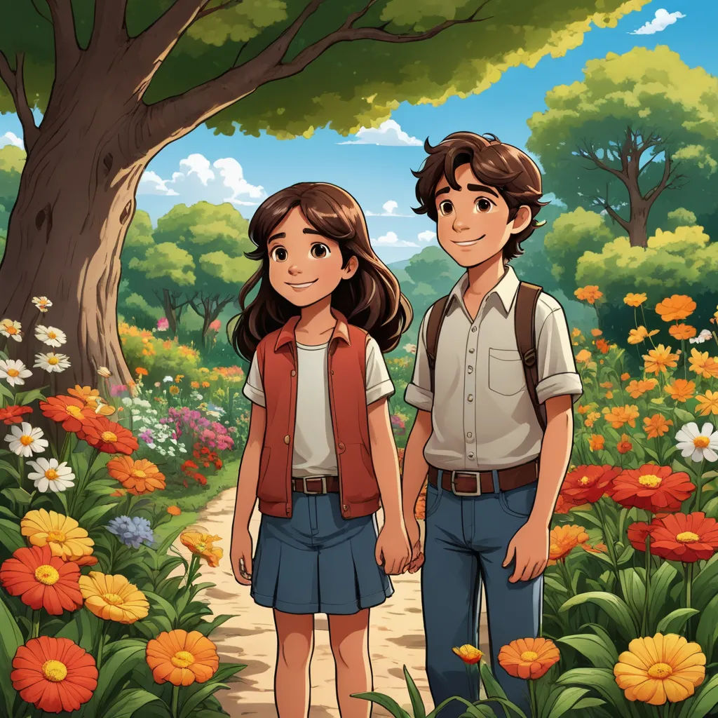 a boy and a girl standing in a field of flowers holding hands and looking at the camera with a tree in the background, serial art, a storybook illustration, Diego Gisbert Llorens, promotional image