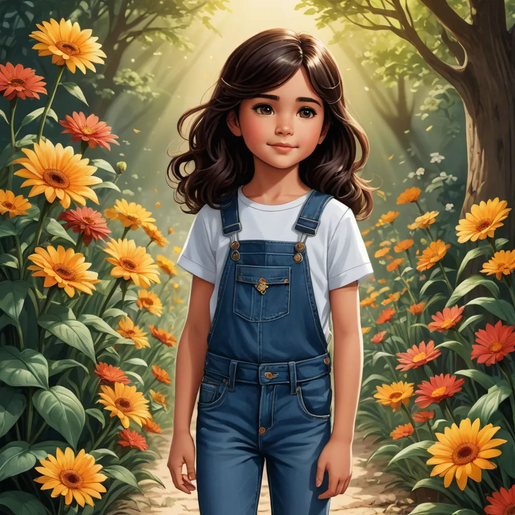 a painting of a girl standing in a forest with sunflowers in the background and a path leading to a forest with sunflowers, photorealism, a storybook illustration, Cliff Childs, kinkade